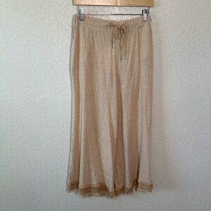 I Love Linen Women's Tan One Size Wide Leg Pants Pockets Drawstring Elastic NWT